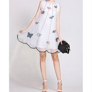Sleeveless White Organza Butterfly Embroidered Shift Dress